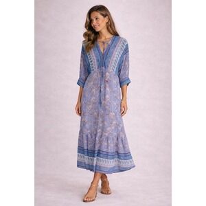 Before You Boho Midi Dress Small Blue Paisley Tie Neck Flowy Festival Peasant